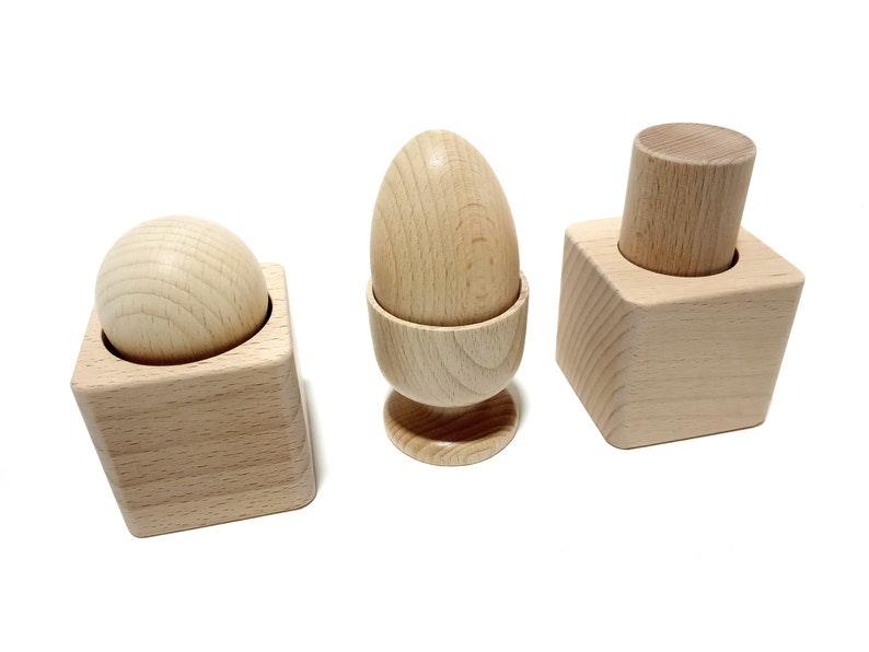 Set 3 toys to embed Montessori, egg and coqueter, cube and cylinder, cube and ball, baby beech wood toy - montessori leksaker