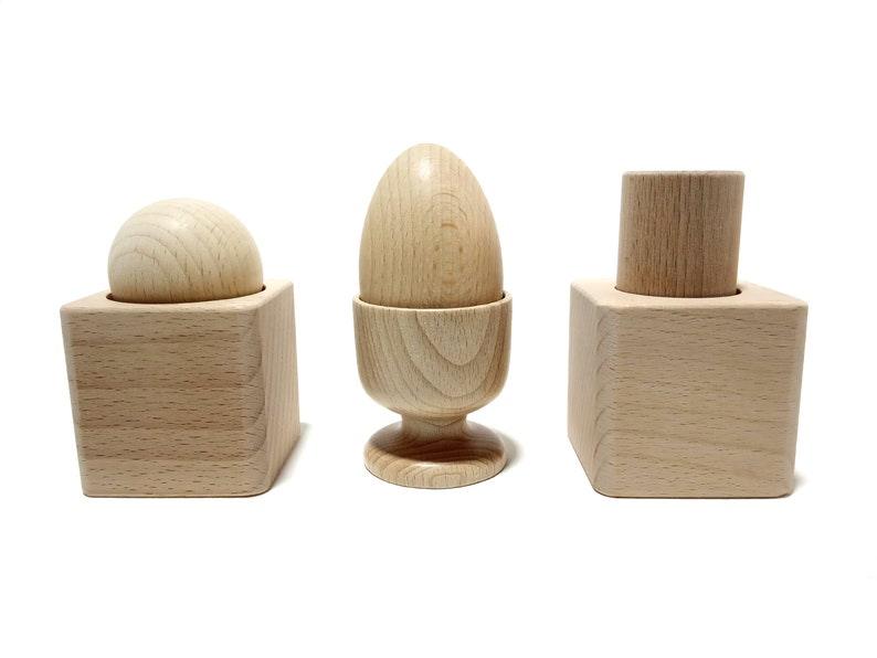 Set 3 toys to embed Montessori, egg and coqueter, cube and cylinder, cube and ball, baby beech wood toy - montessori leksaker