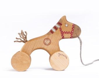 Pull toy red horse - montessori leksaker